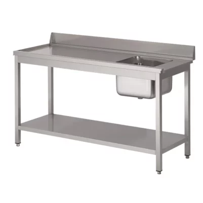Table d'entrée lave-vaisselle inox avec bac à droite dosseret et tablette inférieure Gastro M 850x1400x700mm