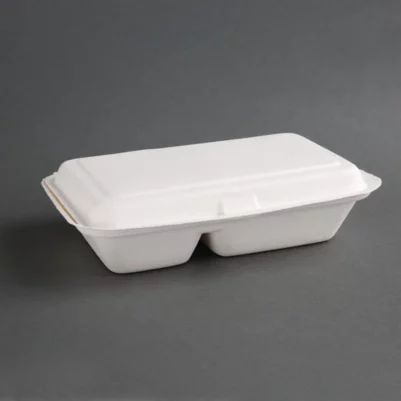 Boîtes 2 compartiments avec couvercle à charnière compostables en bagasse Fiesta Compostable 253mm (lot de 200)