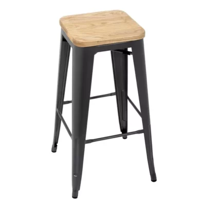 Tabourets hauts en acier gris avec assise en bois Bolero Bistro (lot de 4)