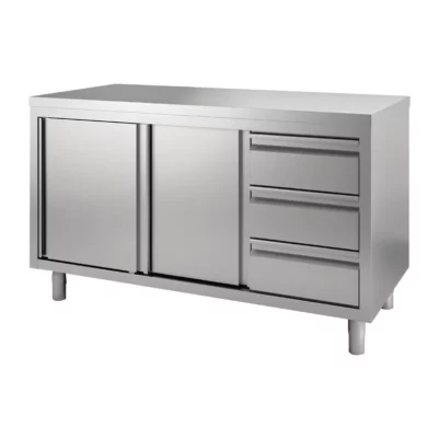 Table armoire inox avec portes coulissantes et 3 tiroirs à gauche Gastro M 2000 x 700 x 875mm