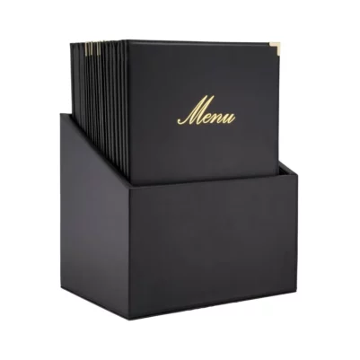 Boîte avec 20 protège-menus simili cuir A4x4 Securit Classic noirs