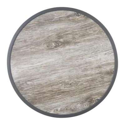 Plateau de table extérieur rond en verre trempé Bolero effet grain de bois bord gris 580mm