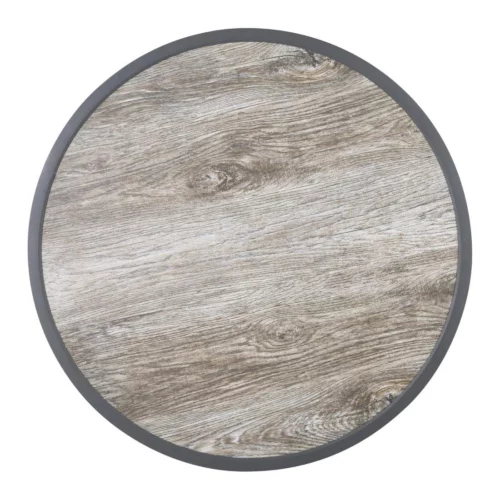 Plateau de table extérieur rond en verre trempé Bolero effet grain de bois bord gris 580mm