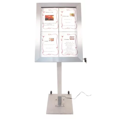 Porte-menu à LED couleurs en inox Securit 4xA4 avec poteau et socle
