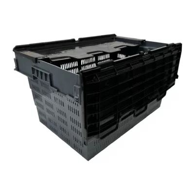 Caisse de transport/stockage en plastique perforé Vogue avec couvercle attaché 600x400x320mm