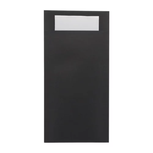 Pochettes à couverts Europochette taille royale noire avec serviette blanche douce 2 plis (lot de 250)